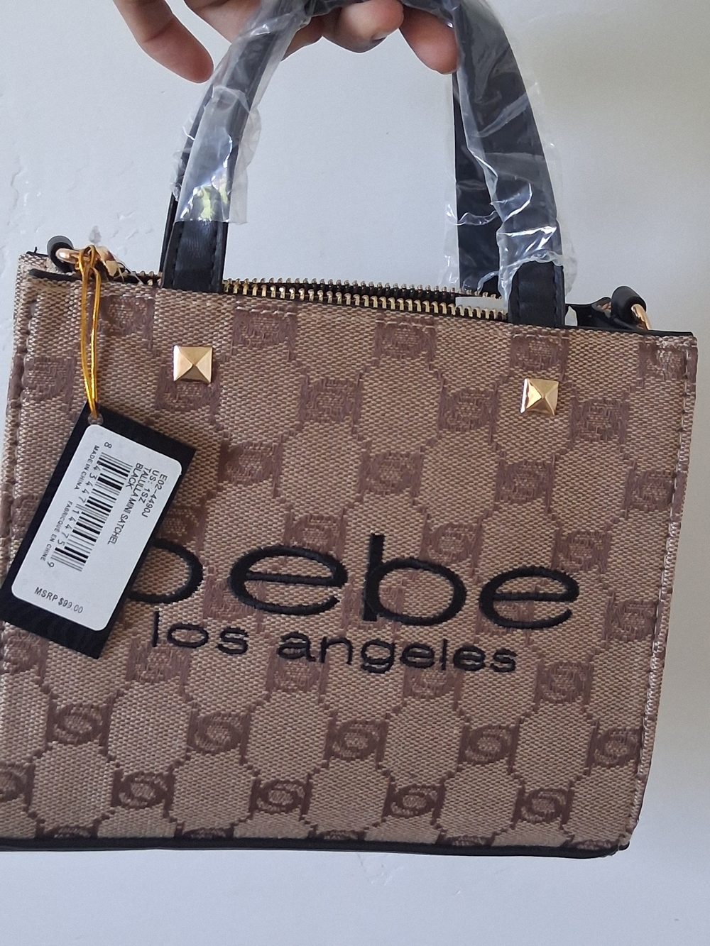 bebe Beige and Black Logo Satchel with Gold Accents